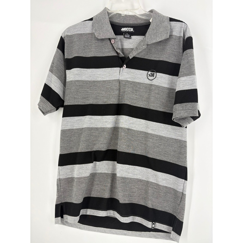 Mecca‎ Mens Gray Black Striped Short Sleeve Polo Shirt Size S Casual